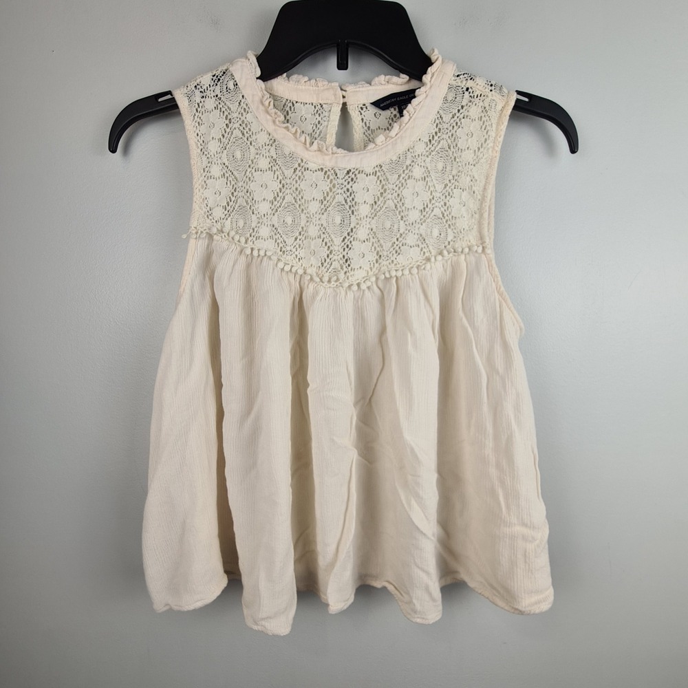 American Eagle Cream Lace Yoke Babydoll Tank Top XS Boho Pom Pom Trim Blouse